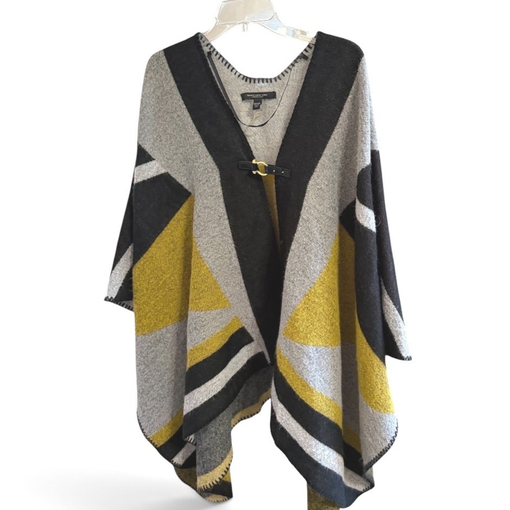 Marc New York Poncho Womens OS Black Grey Yellow Geometric Buckle Wrap Shawl